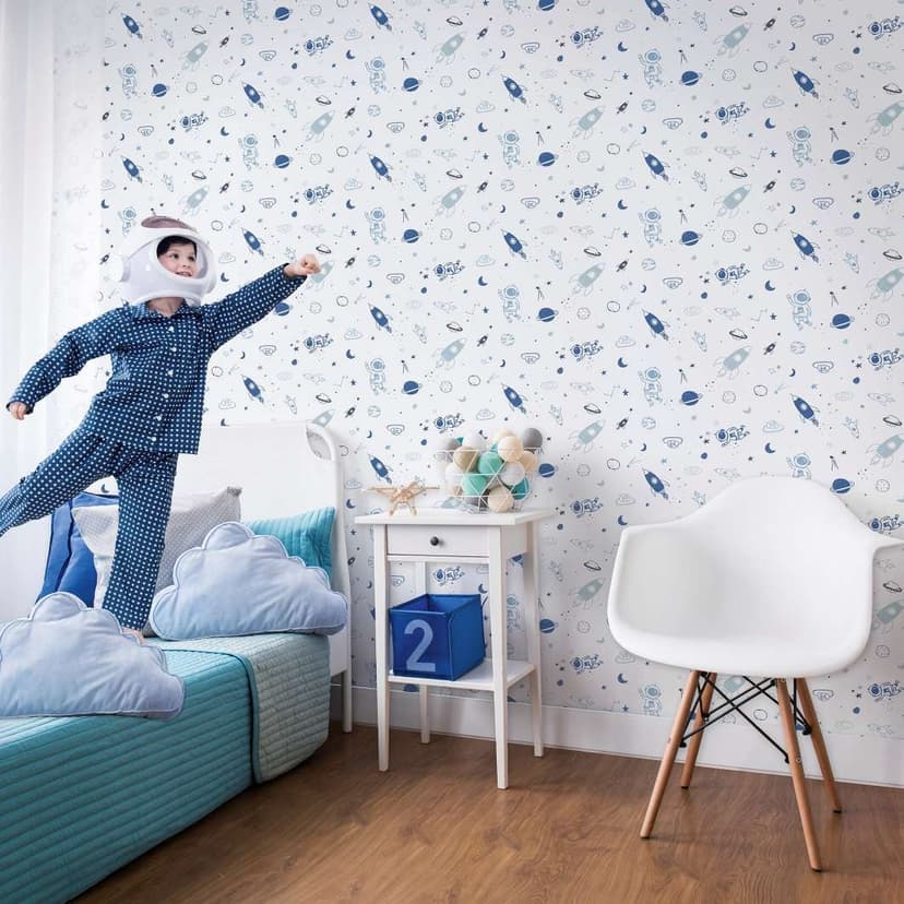 Carta da parati per bambini, tessuto non tessuto con illustrazione Kids Walls bianco, blu
