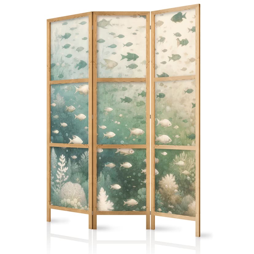 Japanischer Paravent Raumteiler - Fish and Diverse Vegetation, 3-teilig