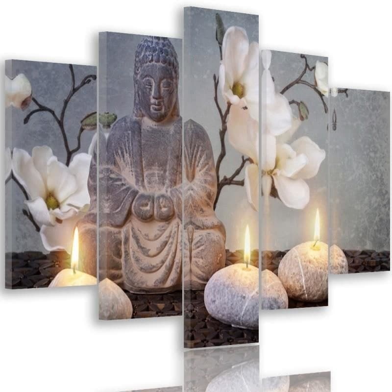 Stampa su tela 5 pezzi, Buddha Zen pietre fiori
