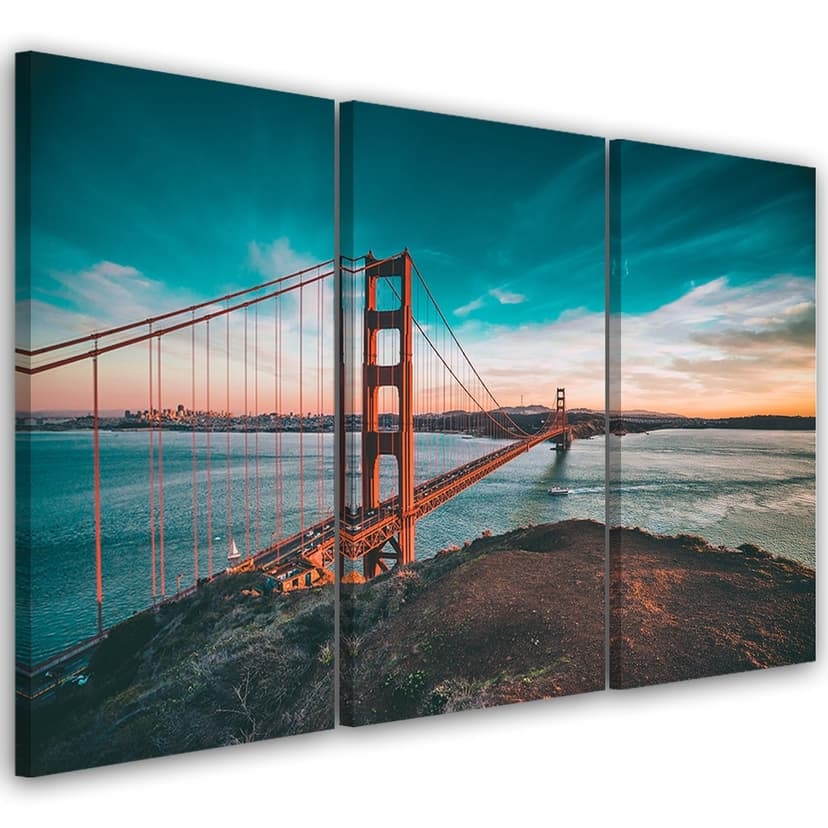 Stampa su tela 3 pezzi, Golden Gate Bridge San Francisco Turchese