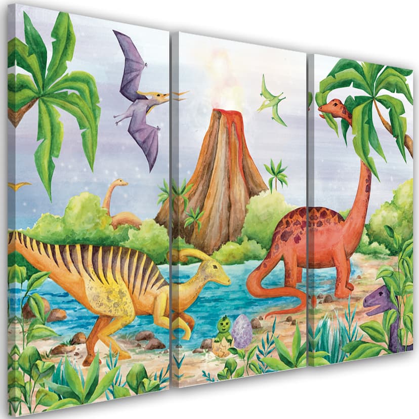 Stampa su tela in 3 pezzi, Dinosauri al lago