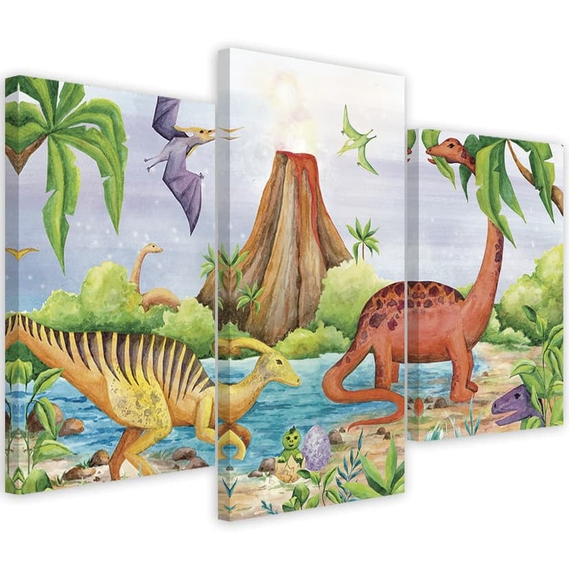 Stampa su tela in 3 pezzi, Dinosauri al lago
