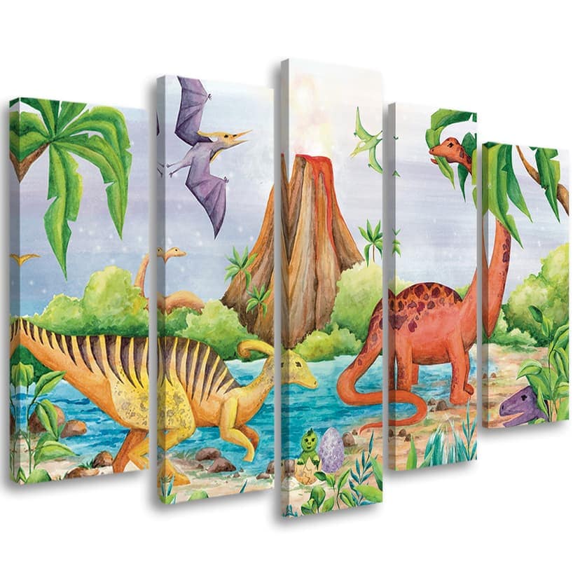 Stampa su tela in 5 parti, Dinosauri al lago