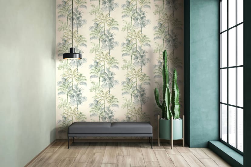Carta da parati in tessuto non tessuto beige verde alberi foglie giungla natura floreale