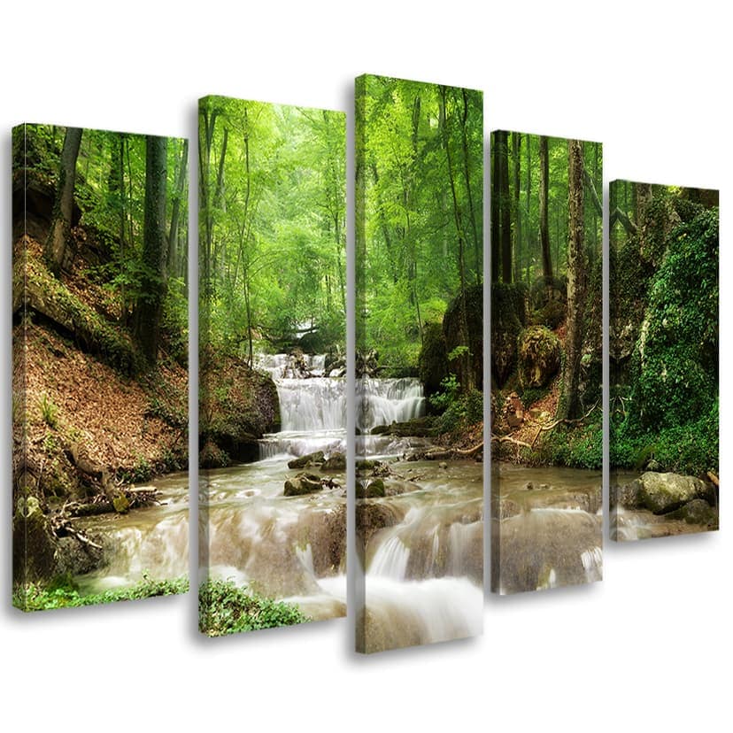 Stampa su tela 5 pezzi, Cascata Foresta Ruscello Natura