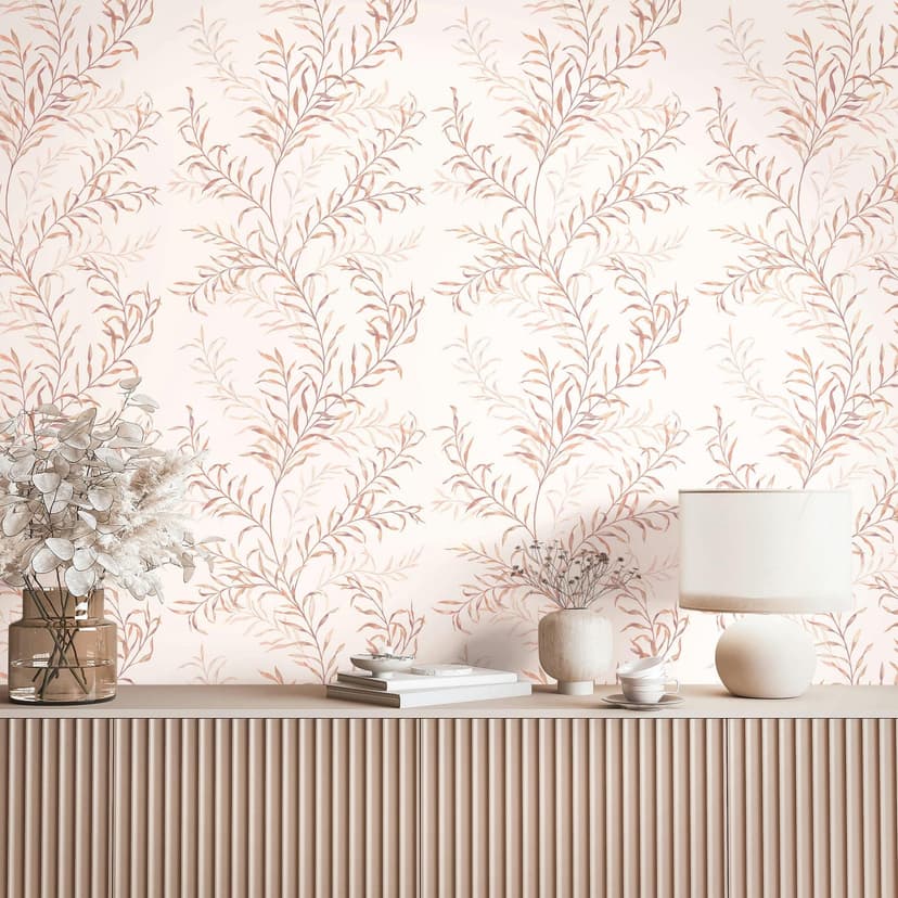 Carta da parati in tessuto non tessuto foglie floreali natura opaca in bianco rosa beige