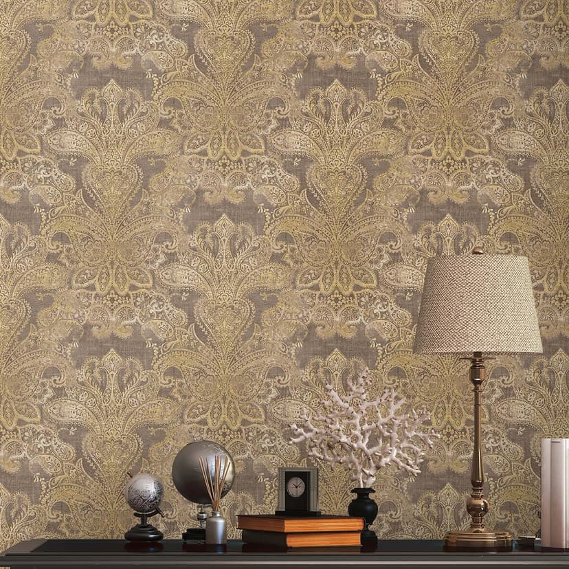 Carta da parati barocca vintage in tessuto non tessuto marrone, beige, giallo - Carta da parati in tessuto non tessuto con ornamenti