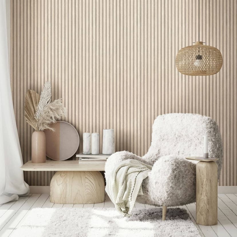Carta da parati in tessuto non tessuto grigio-beige aspetto 3D pannello acustico aspetto legno strisce classiche