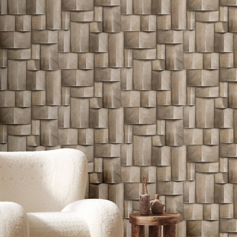 Carta da parati in tessuto non tessuto con motivi di legno geometrici beige, marrone aspetto 3D