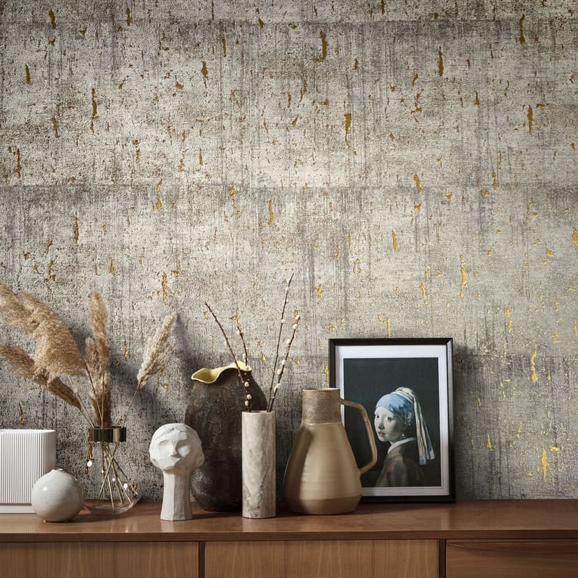 Carta da parati in tessuto non tessuto con texture lucida effetto cemento grigio e beige