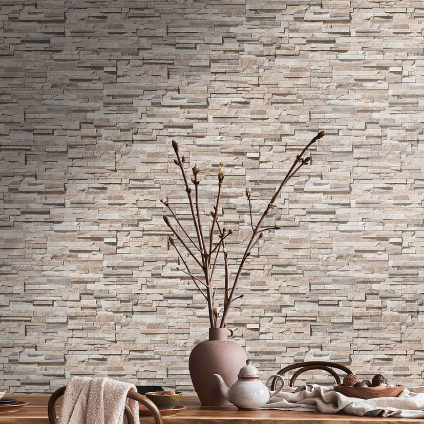 Carta da parati 3D in tessuto non tessuto beige - Carta da parati in tessuto non tessuto effetto pietra moderna per soggiorno, corridoio