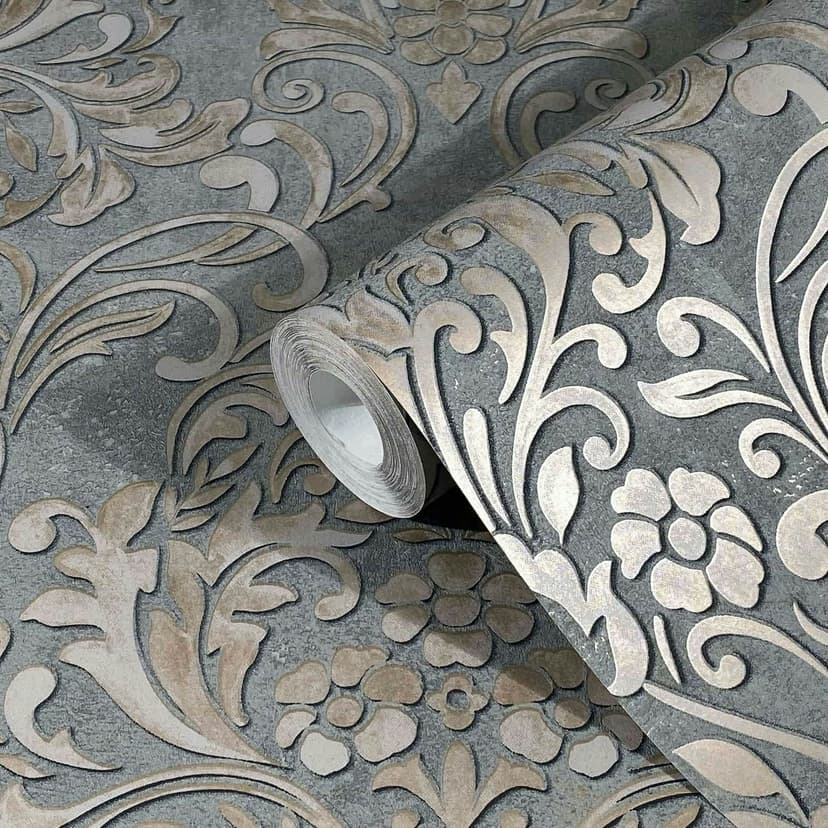 Carta da parati con motivi decorativi damascati grigio ornamentale