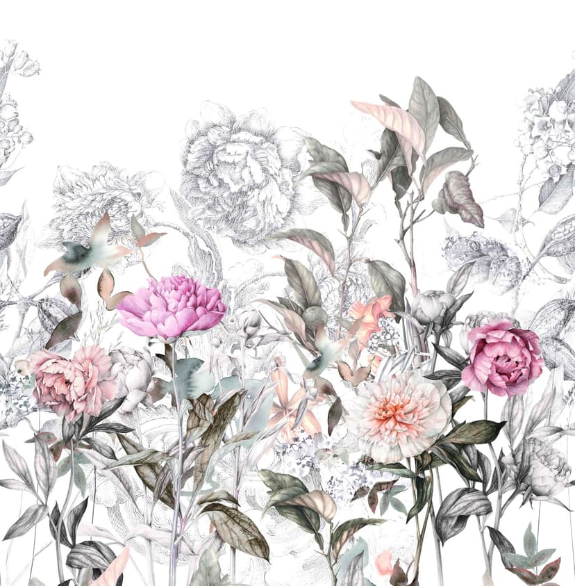 Fotomurale con disegno di fiori d'epoca in grigio rosé 2,7 x 2,65 m