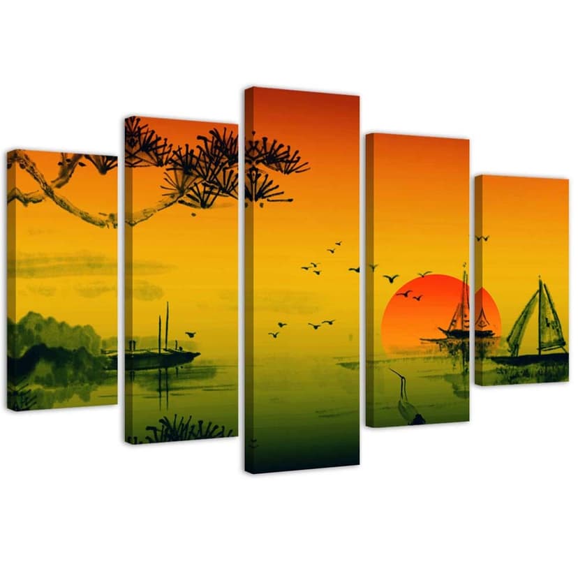 Stampa su tela 5 pezzi, tramonto in Giappone