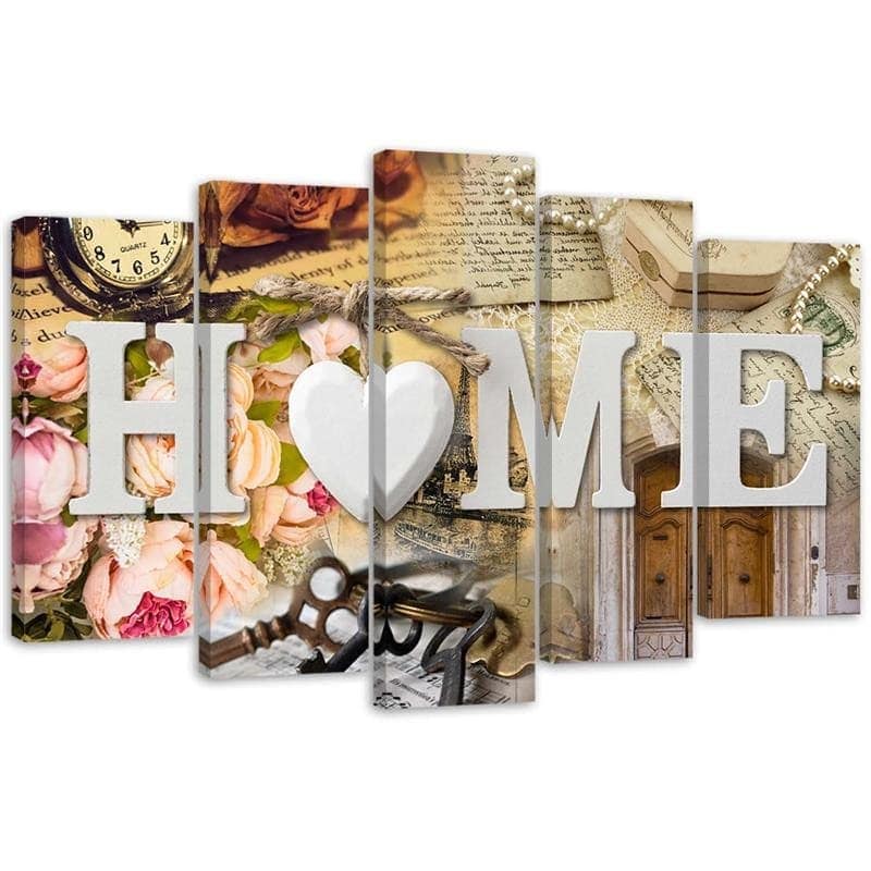 Stampa su tela 5 pezzi Home Cuore Iscrizione retrò