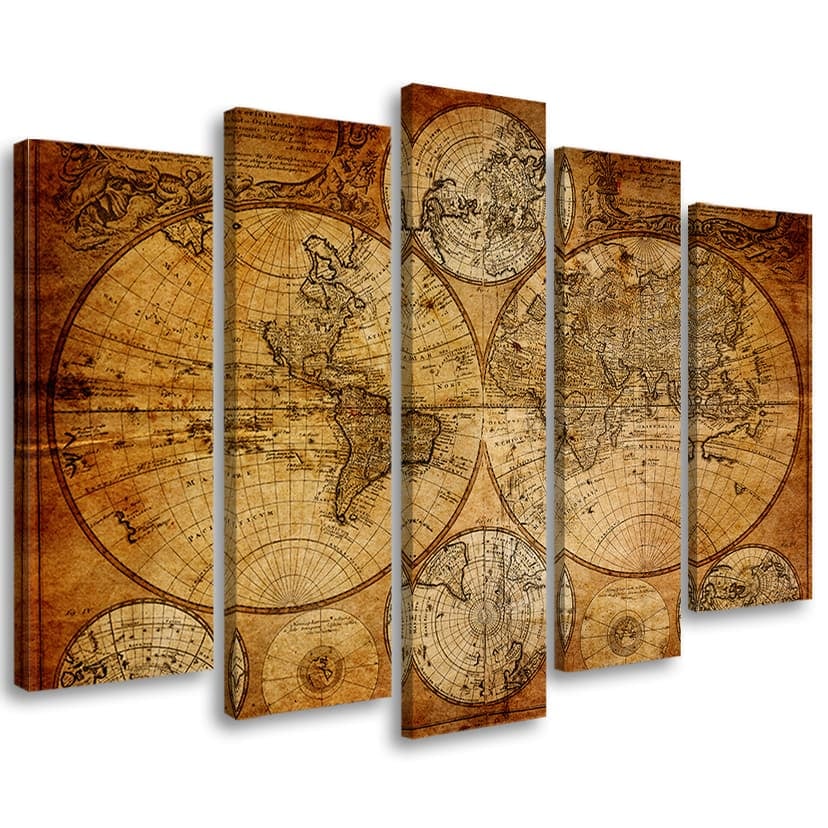 Stampa su tela 5 pezzi Mappa del vecchio mondo Marrone