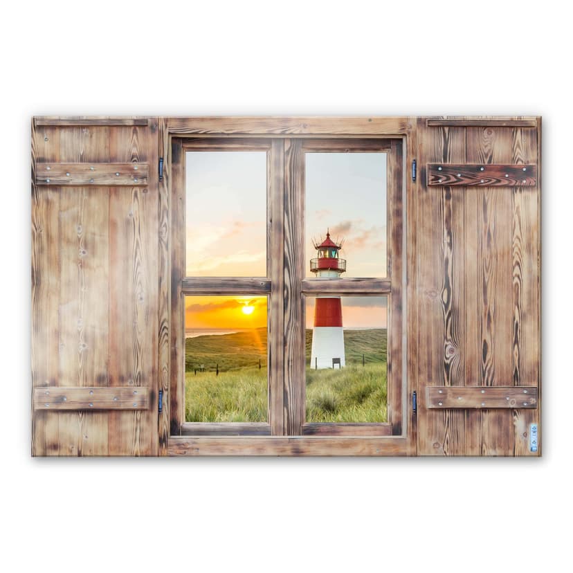 Glasbild 3D Holzfenster - Leuchtturm auf Sylt