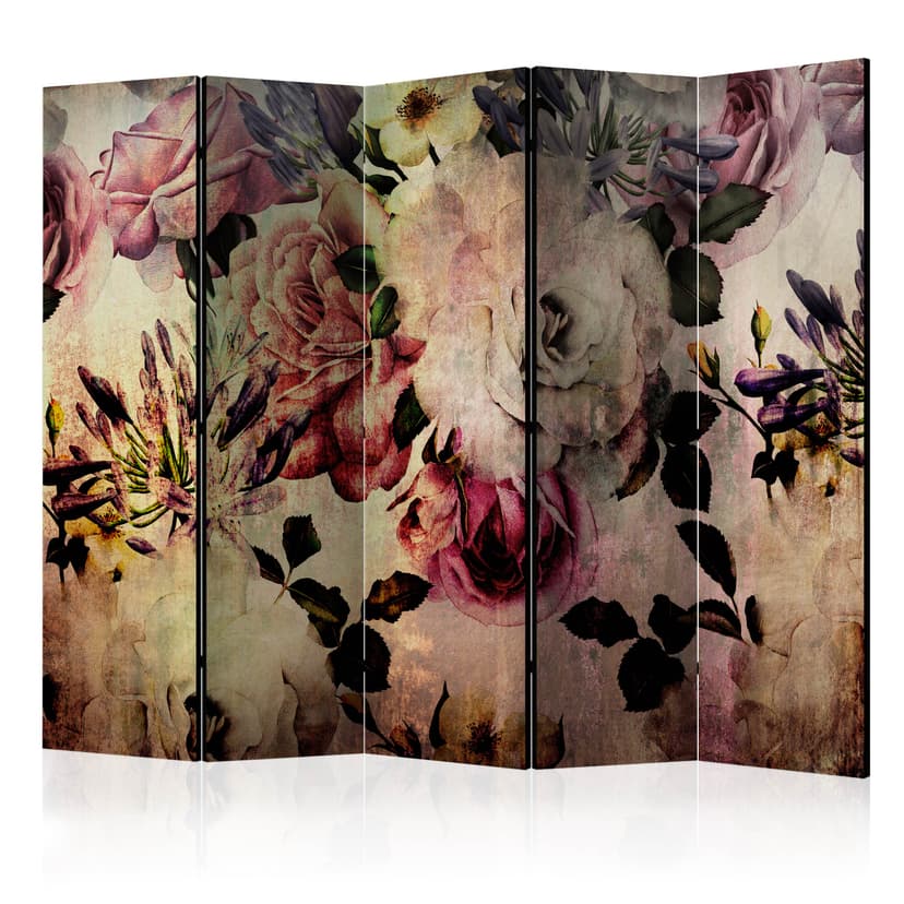 Paravent, Raumteiler freistehend, Trennwand - Nostalgia Flowers II, 5-teilig - einseitig bedruckt -