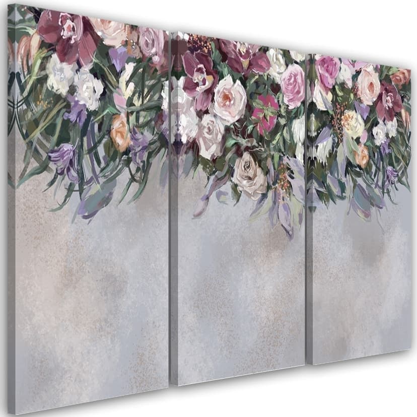 Stampa su tela 3 pezzi, fiori ricoperti di vegetazione