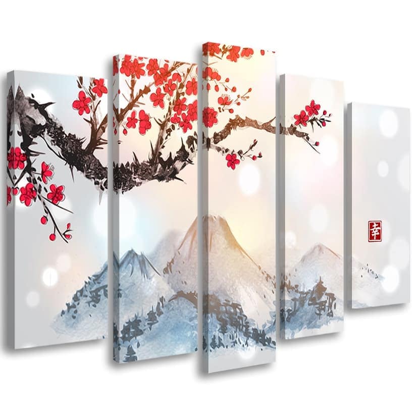 Stampa su tela 5 pezzi, Giappone Cherry Blossom Mountains