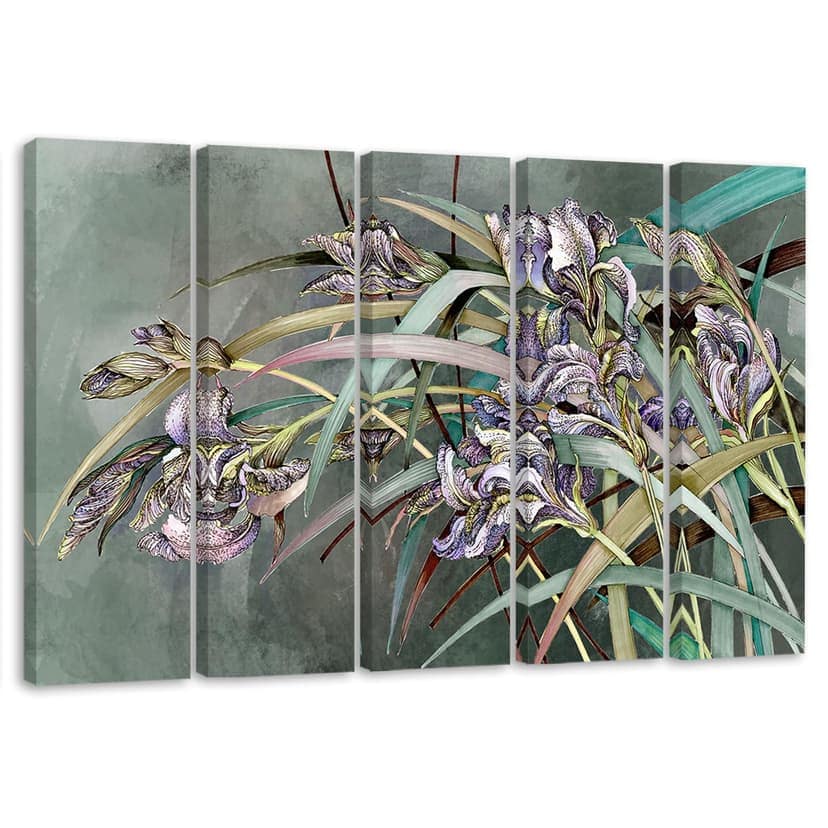 Stampa su tela 5 pezzi, fiori di iris nel vento