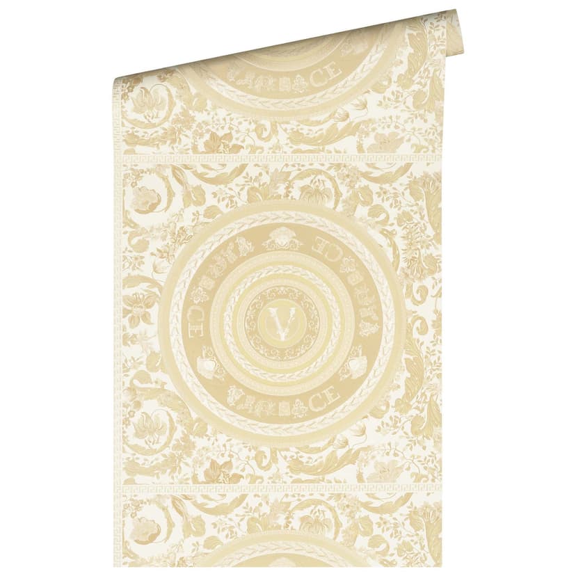 Carta da parati con scritte Versace in beige e crema Carta da parati in tessuto non tessuto design floreale
