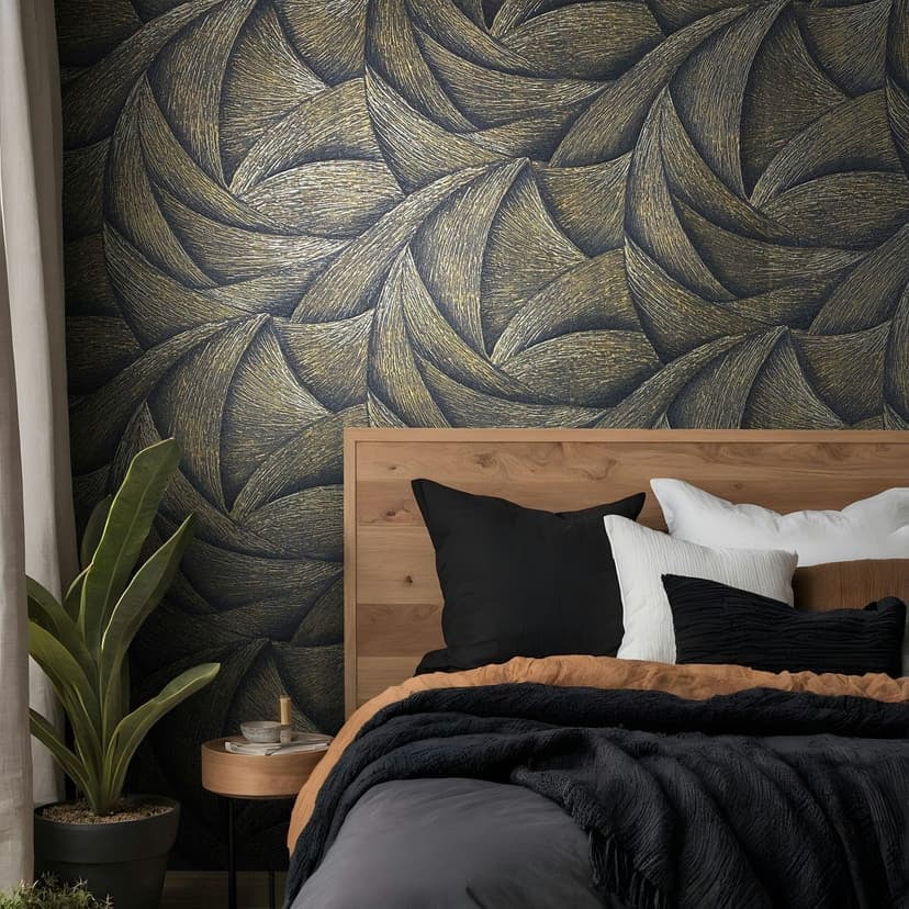 Carta da parati in tessuto non tessuto in nero, oro, onde 3D look grafico moderno