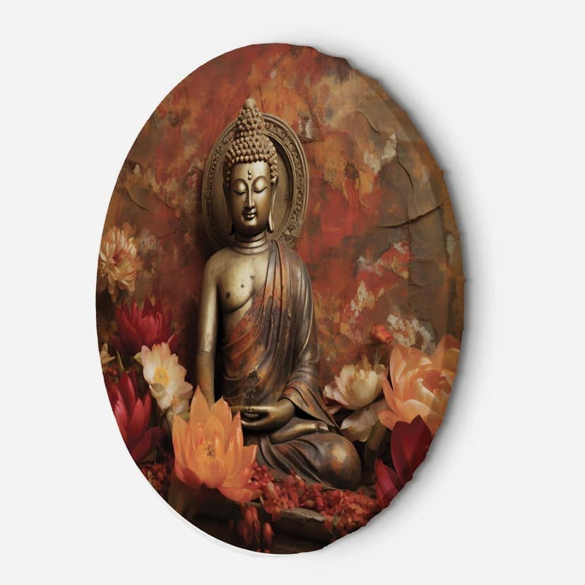 Immagine su tela rotonda Buddha in meditazione e fiori colorati
