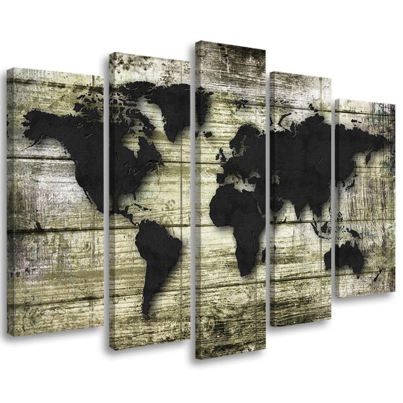Stampa su tela 5 pezzi, mappa del mondo in legno retrò