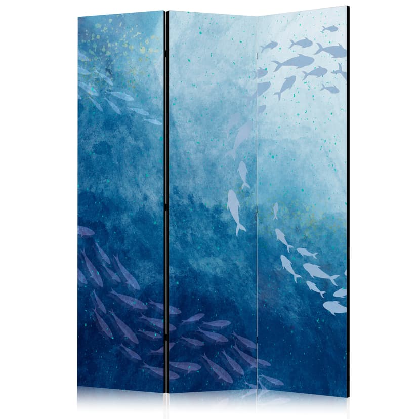 Paravent, Raumteiler freistehend, Trennwand - Luminous Clusters of Fish in Blue Hues Amidst the Sea