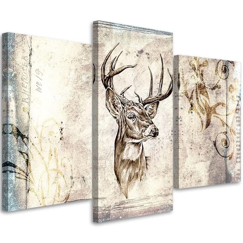 Stampa su tela 3 pezzi cervo animale vintage beige