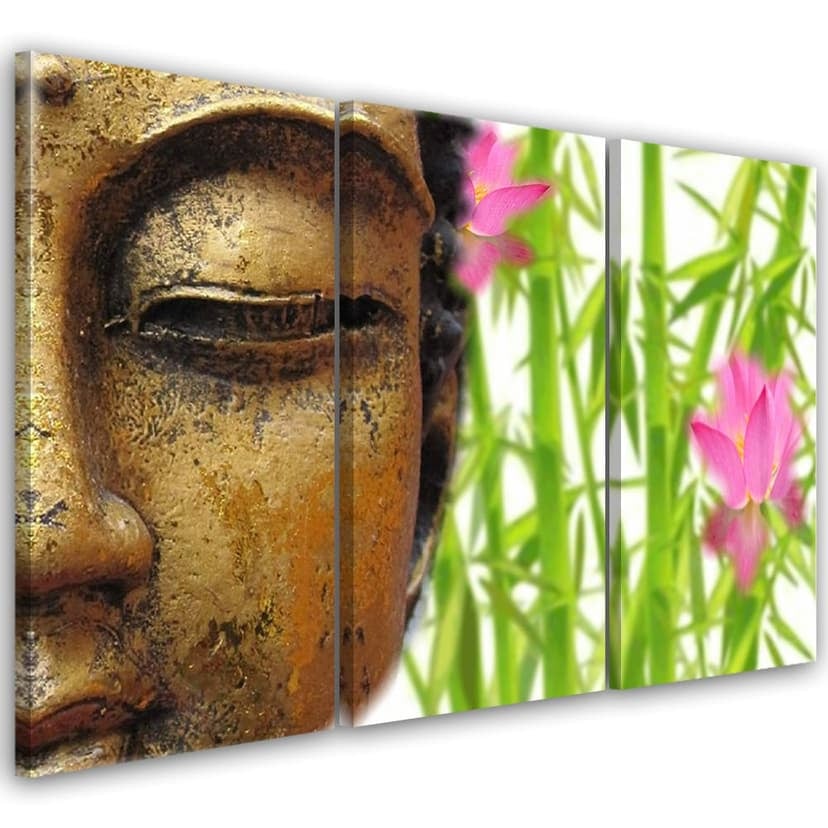 Stampa su tela 3 pezzi, Buddha bambù Zen oro