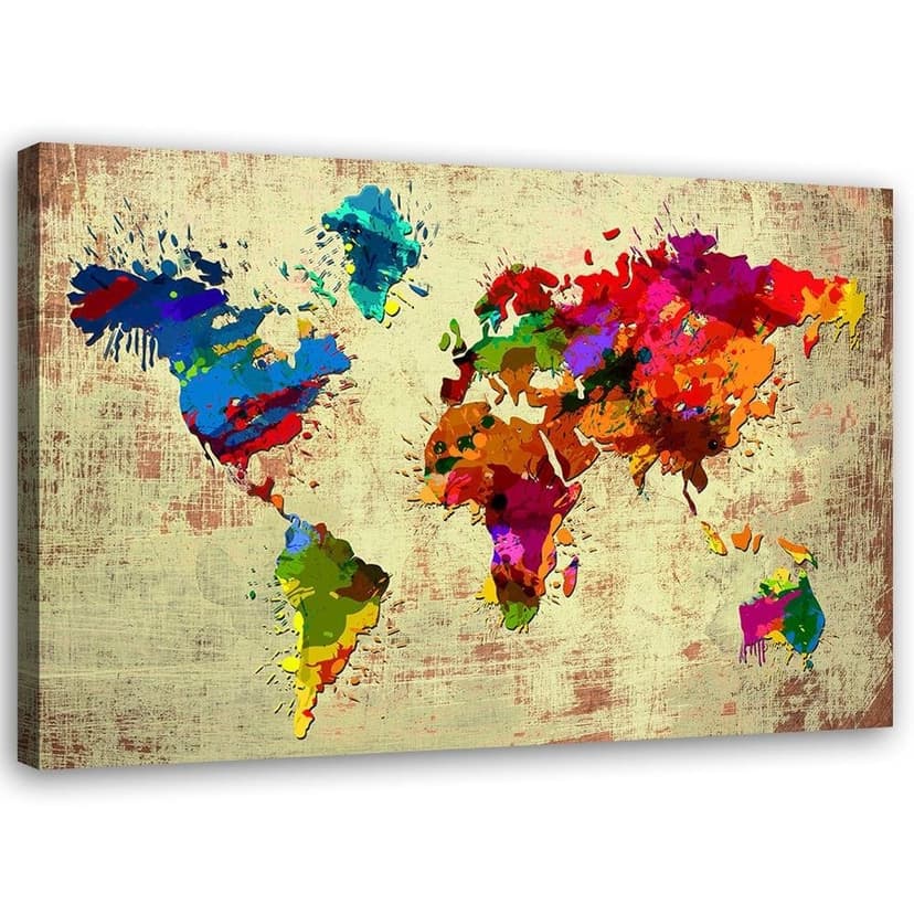 Stampe su tela, mappa del mondo colorata e vintage