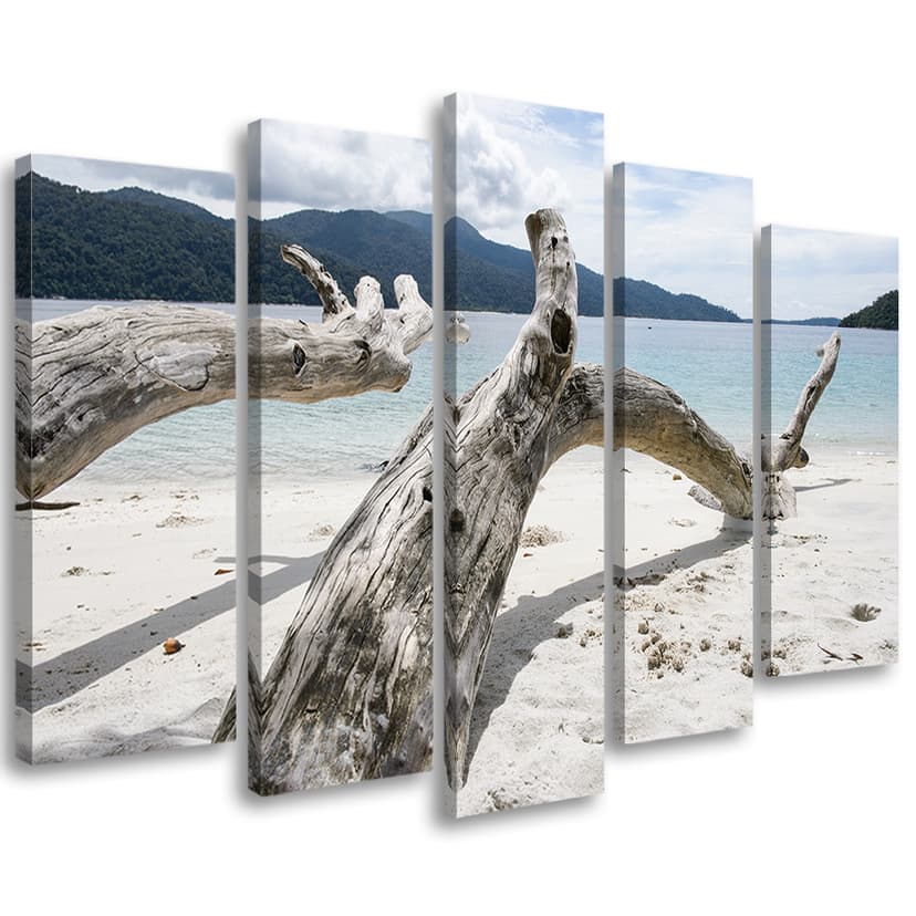 Stampa su tela 5 pezzi, albero spiaggia mare