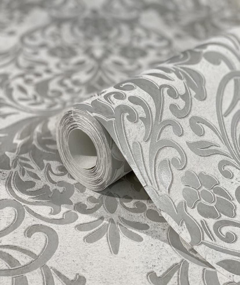 Carta da parati con motivi decorativi damascati grigio ornamentale