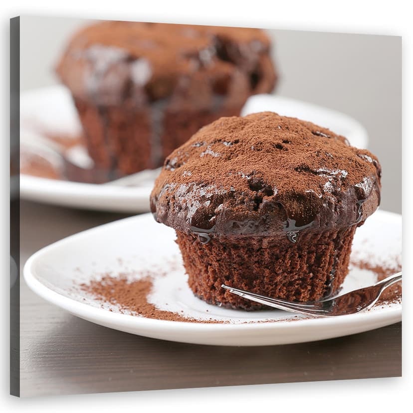 Stampe su tela, torta al cioccolato e muffin