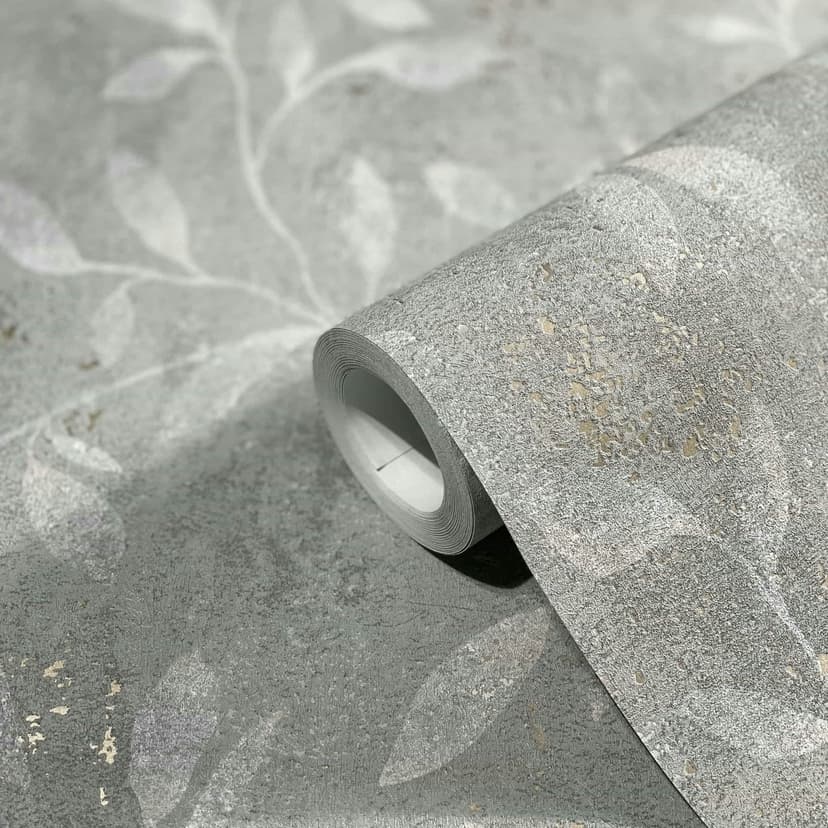 Carta da parati in tessuto non tessuto con motivo a foglie ed effetto metallizzato grigio floreale