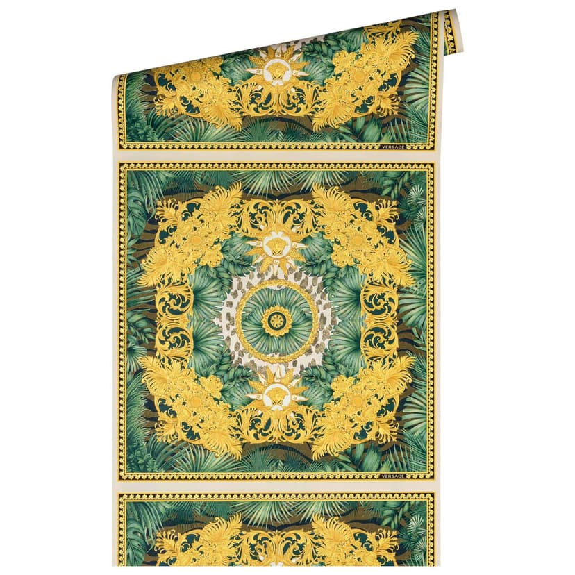 Versace carta da parati jungle in verde e oro carta da parati in tessuto non tessuto con disegno di teste di medusa