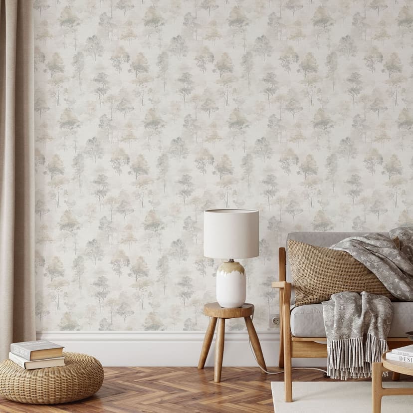 Carta da parati in tessuto non tessuto acquerello foresta in grigio-beige con alberi come carta da parati natura sottile