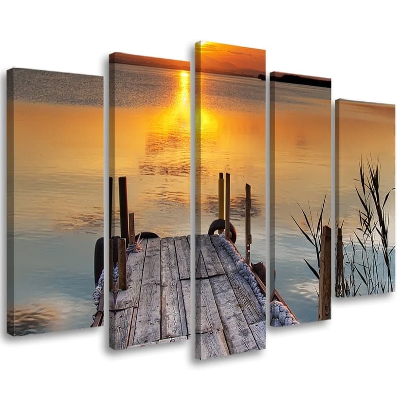 Stampa su tela 5 pezzi, Sunset Jetty Lake Nature