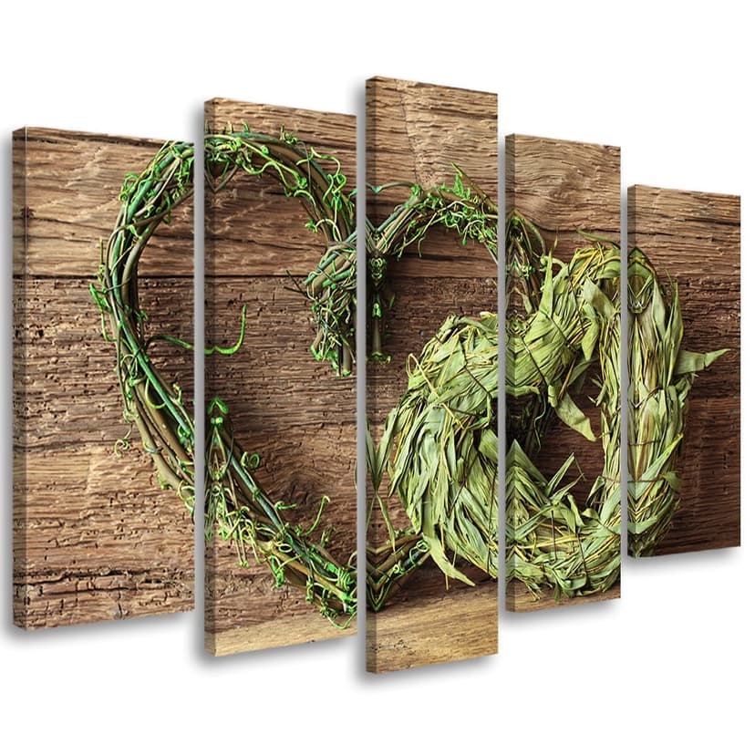 Stampa su tela 5 pezzi cuore legno erbe verde
