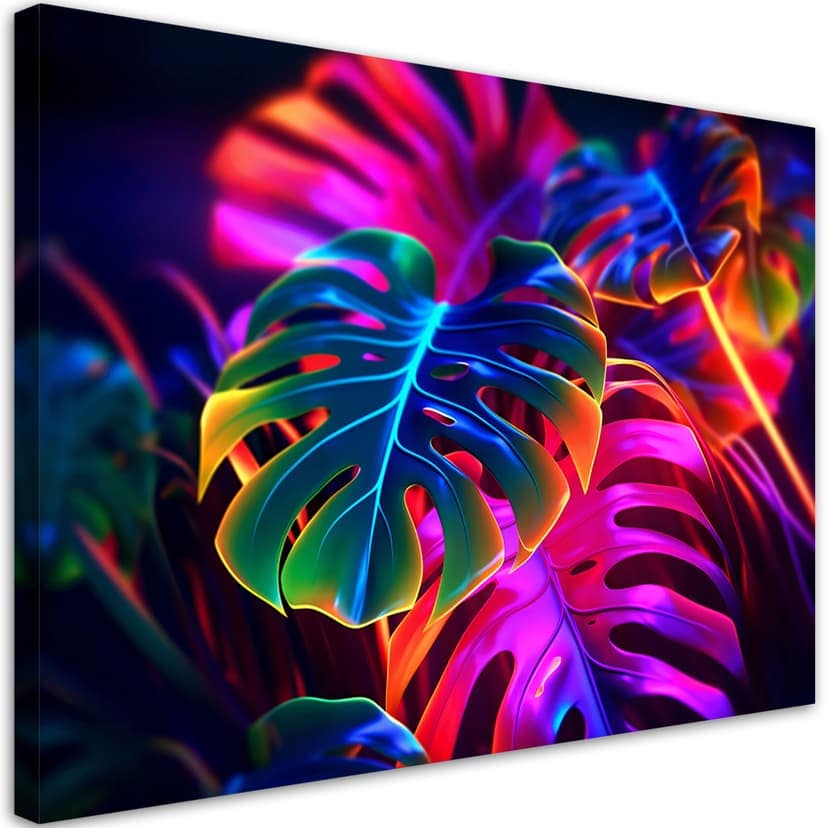 Stampa su tela, Foglie di Monstera in colori fluorescenti