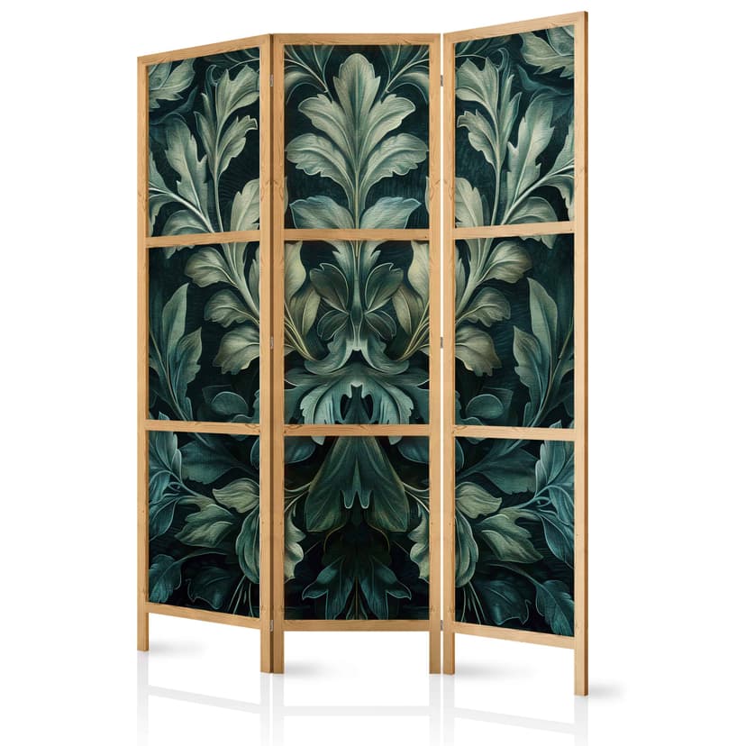 Japanischer Paravent Raumteiler - Dark Green Victorian Leaves: Botanical Carving, 3-teilig