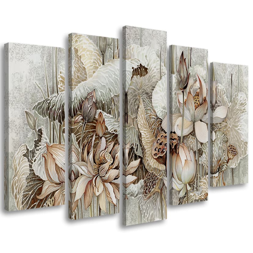 Stampa su tela 5 pezzi, fiori di loto