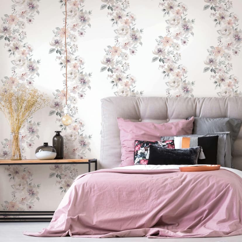 Carta da parati in tessuto non tessuto fiori natura, romantico opaco in bianco grigio beige
