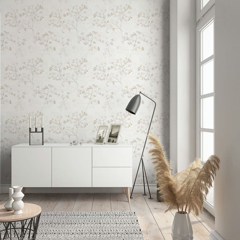 Carta da parati in tessuto non tessuto foglie natura floreale opaca in bianco beige