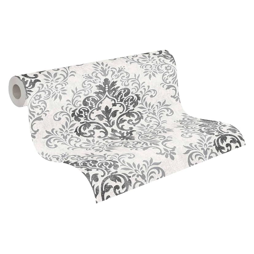 Carta da parati barocca Jette in tessuto non tessuto grigio e bianco con ornamenti in argento