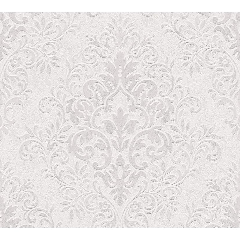 Carta da parati barocca Jette in crema e grigio con ornamenti e base in tessuto non tessuto classico