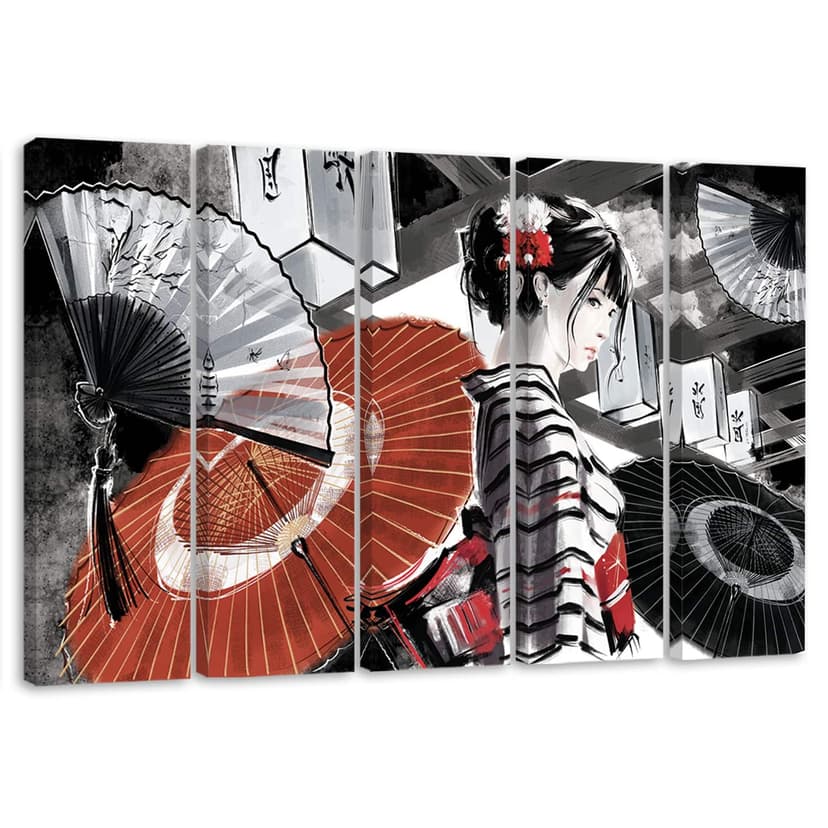 Stampa su tela 5 pezzi, geisha con ventaglio