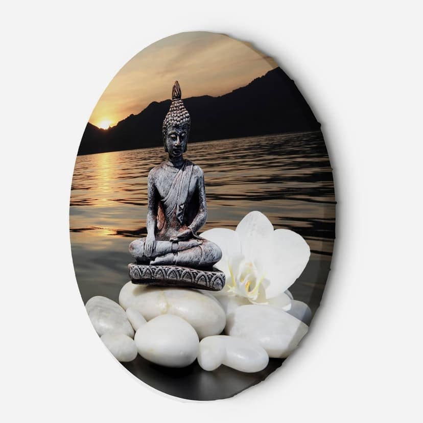 Quadro su tela rotonda Buddha sullo sfondo del sole al tramonto